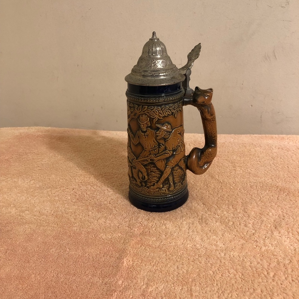 Vintage Gerzit Fox Hunting Scene With Fox Handle Lidded Stein Made in Germany